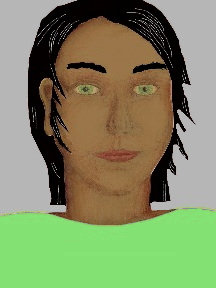 a portrait of a person with caramel skin, black hair, and a light green coloured shirt