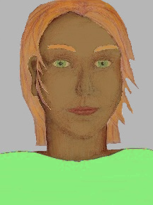a portrait of a person with caramel skin, red hair, and a light green coloured shirt