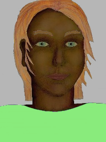 a portrait of a person with chocolate skin, red hair, and a light green coloured shirt