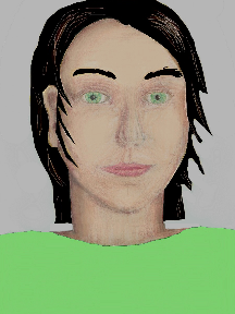 a portrait of a person with cream skin, black hair, and a light green coloured shirt