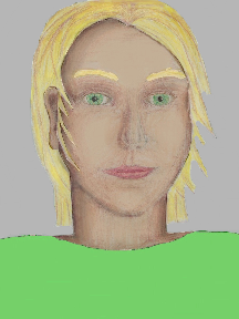 a portrait of a person with cream skin, blonde hair, and a light green coloured shirt