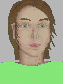 a portrait of a person with cream skin, brown hair, and a light green coloured shirt