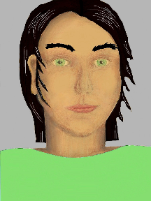 a portrait of a person with golden skin, black hair, and a light green coloured shirt