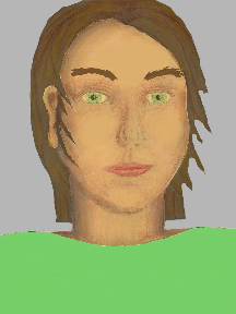 a portrait of a person with golden skin, brown hair, and a light green coloured shirt