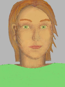 a portrait of a person with golden skin, red hair, and a light green coloured shirt