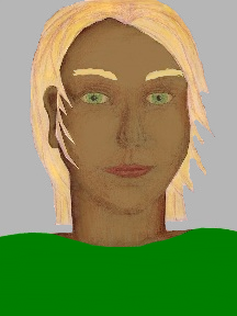 a portrait of a person with caramel skin, blonde hair, and a emerald green coloured shirt