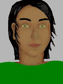 a portrait of a person with caramel skin, black hair, and an emerald green coloured shirt