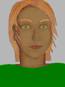 a portrait of a person with caramel skin, red hair, and a emerald green coloured shirt