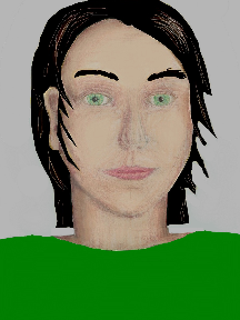 a portrait of a person with cream skin, black hair, and an emerald green coloured shirt
