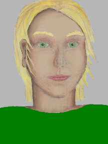 a portrait of a person with cream skin, blonde hair, and an emerald green coloured shirt
