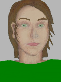 a portrait of a person with cream skin, brown hair, and an emerald green coloured shirt