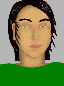 a portrait of a person with golden skin, black hair, and an emerald green coloured shirt