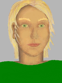 a portrait of a person with golden skin, blonde hair, and an emerald green coloured shirt