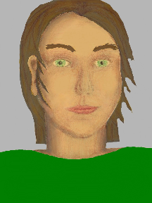 a portrait of a person with golden skin, brown hair, and a emerald green coloured shirt
