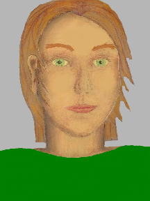 a portrait of a person with golden skin, red hair, and a emerald green coloured shirt