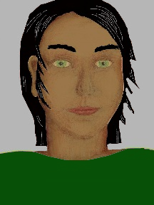 a portrait of a person with caramel skin, black hair, and a green coloured shirt