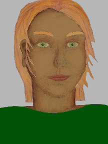 a portrait of a person with caramel skin, red hair, and a green coloured shirt