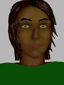 a portrait of a person with chocolate skin, black hair, and a green coloured shirt