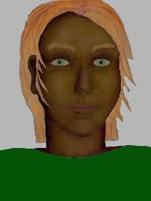 a portrait of a person with chocolate skin, red hair, and a green coloured shirt
