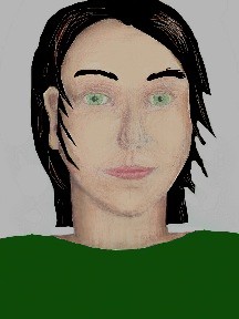a portrait of a person with cream skin, black hair, and a green coloured shirt