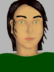 a portrait of a person with golden skin, black hair, and a green coloured shirt