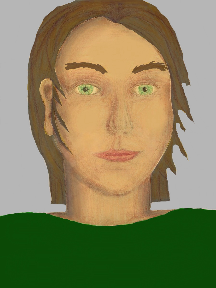 a portrait of a person with golden skin, brown hair, and a green coloured shirt