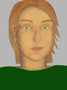 a portrait of a person with golden skin, red hair, and a green coloured shirt