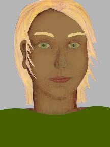 a portrait of a person with caramel skin, blonde hair, and a olive green coloured shirt