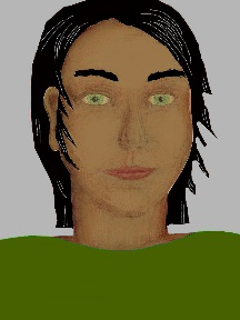 a portrait of a person with caramel skin, black hair, and a olive green coloured shirt