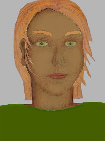 a portrait of a person with caramel skin, red hair, and a olive green coloured shirt