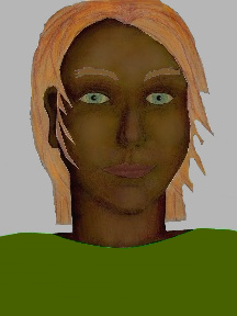 a portrait of a person with chocolate skin, red hair, and a olive green coloured shirt