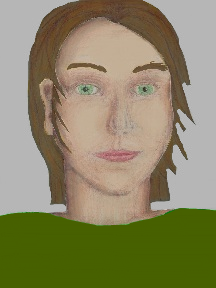 a portrait of a person with cream skin, brown hair, and a olive green coloured shirt