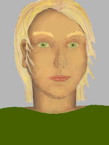a portrait of a person with golden skin, blonde hair, and a olive coloured shirt