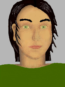 a portrait of a person with golden skin, black hair, and a olive green coloured shirt