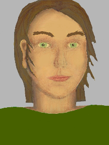 a portrait of a person with golden skin, brown hair, and a olive green coloured shirt