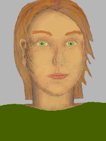 a portrait of a person with golden skin, red hair, and a olive green coloured shirt