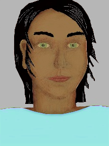 a portrait of a person with caramel skin, black hair, and a light turquoise coloured shirt