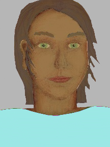 a portrait of a person with caramel skin, brown hair, and a light turquoise coloured shirt