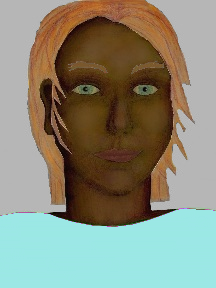 a portrait of a person with chocolate skin, red hair, and a light turquoise coloured shirt