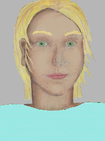 a portrait of a person with cream skin, blonde hair, and a light turquoise coloured shirt