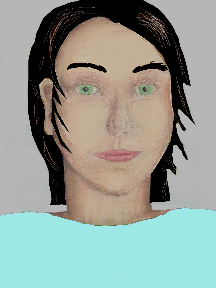 a portrait of a person with cream skin, black hair, and a light turquoise coloured shirt