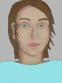 a portrait of a person with cream skin, brown hair, and a light turquoise coloured shirt