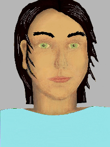 a portrait of a person with golden skin, black hair, and a tight turquoise coloured shirt