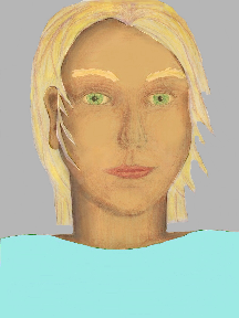 a portrait of a person with golden skin, blonde hair, and a light turquoise coloured shirt
