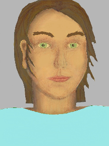 a portrait of a person with golden skin, brown hair, and a light turquoise coloured shirt