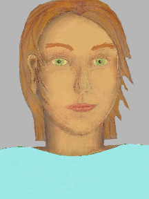 a portrait of a person with golden skin, red hair, and a light turquoise coloured shirt