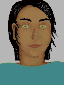 a portrait of a person with caramel skin, black hair, and a turquoise coloured shirt