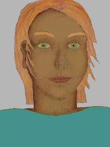 a portrait of a person with caramel skin, red hair, and a turquoise coloured shirt