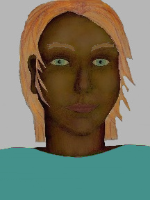 a portrait of a person with chocolate skin, red hair, and a turquoise coloured shirt