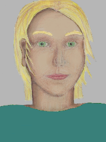 a portrait of a person with cream skin, blonde hair, and a turquoise coloured shirt